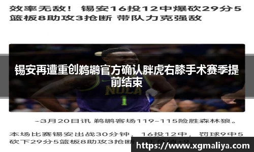 锡安再遭重创鹈鹕官方确认胖虎右膝手术赛季提前结束