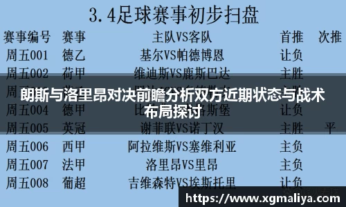 朗斯与洛里昂对决前瞻分析双方近期状态与战术布局探讨